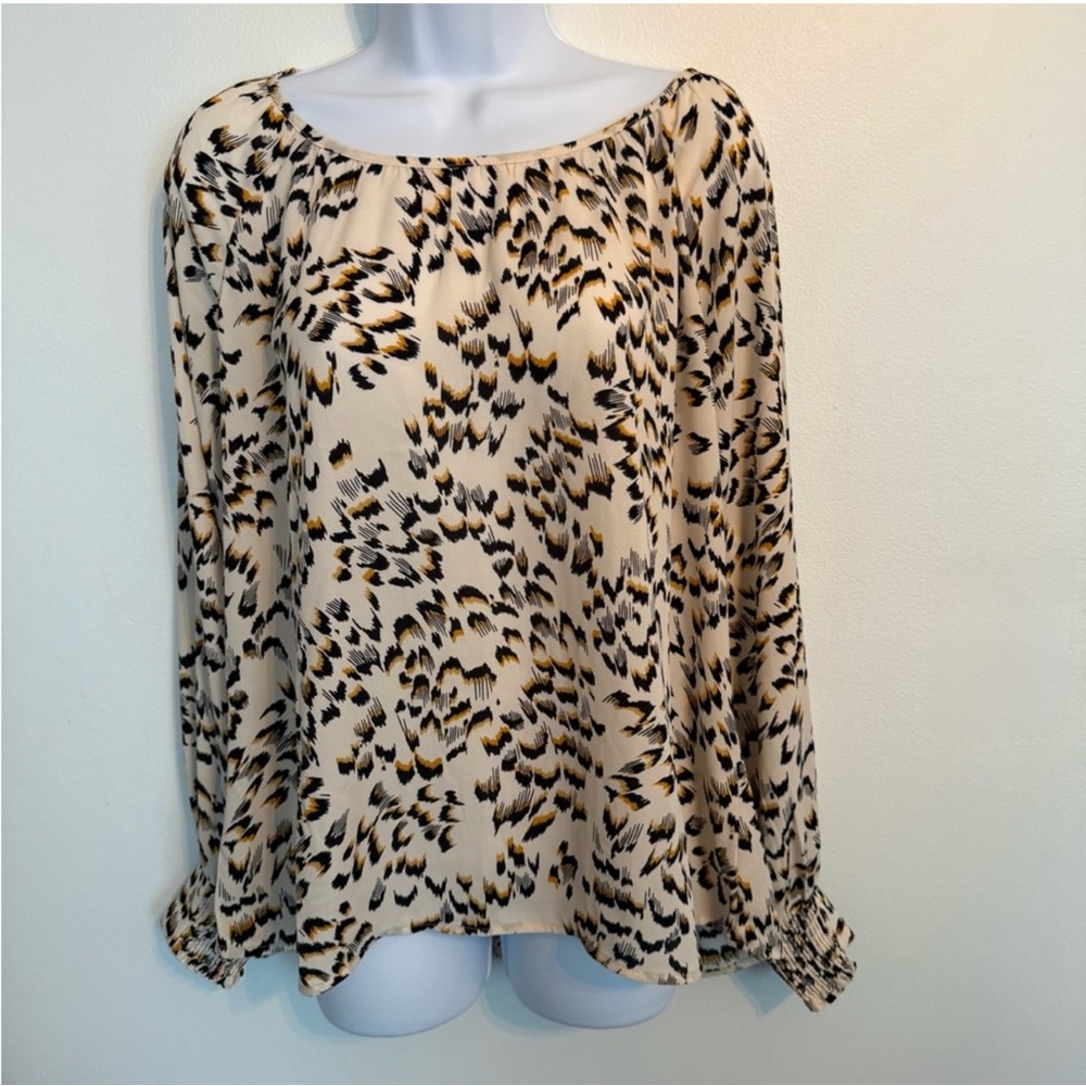 CAbi Cream and Black Feather Print Blouse